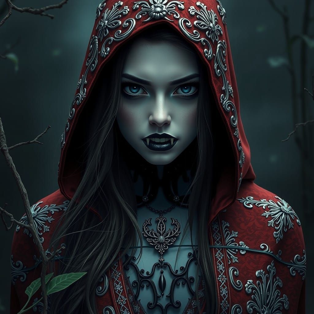 Ethereal Gothic Vampire in Dramatic Red Cloak