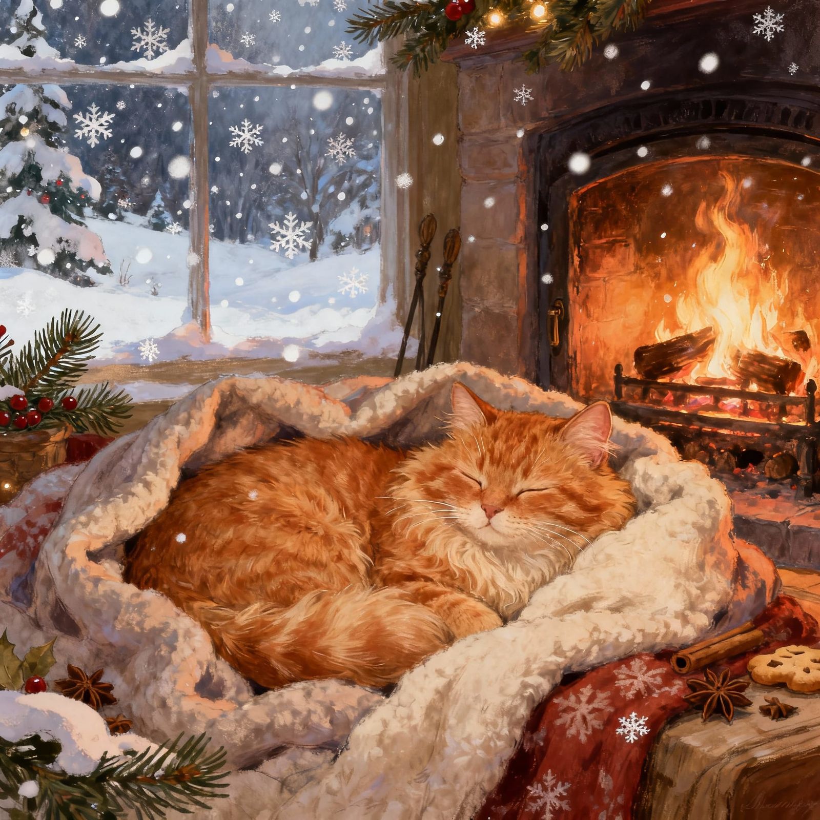 Cozy Ginger Cat by Fireplace, Snow Falling Outside