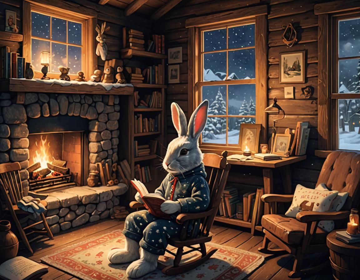 Rabbit Reading by Fireplace in Cozy Cabin