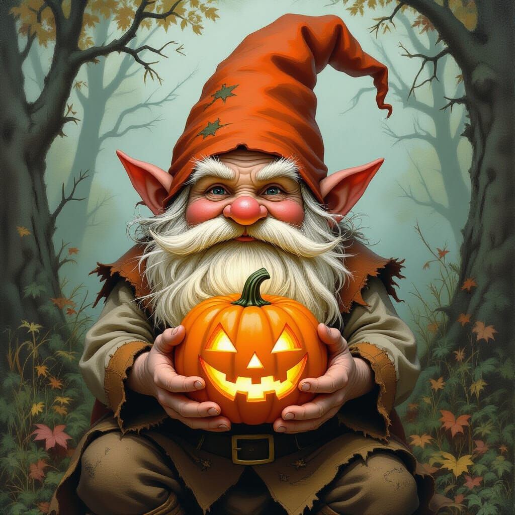 Grotesque Gnome with Pumpkin in Pointillist Style