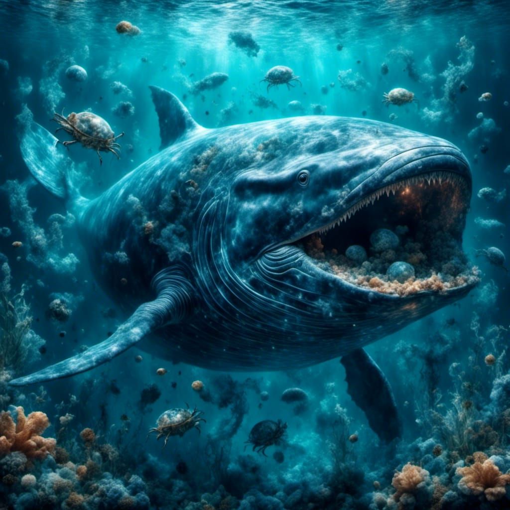 Majestic Blue Whale Battles Glowing Crab in the Abyss