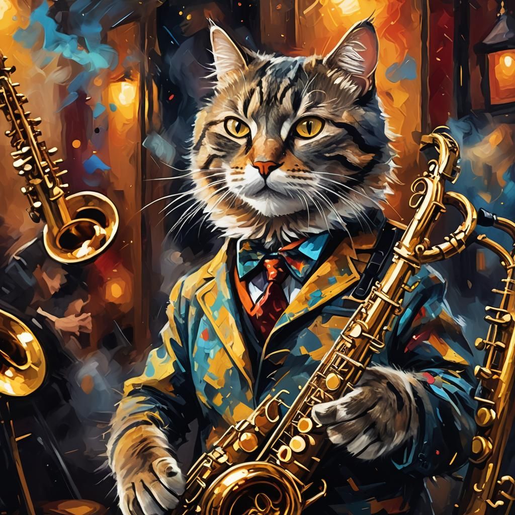 Cat Saxophonist in Smoky Jazz Club, Digital Painting