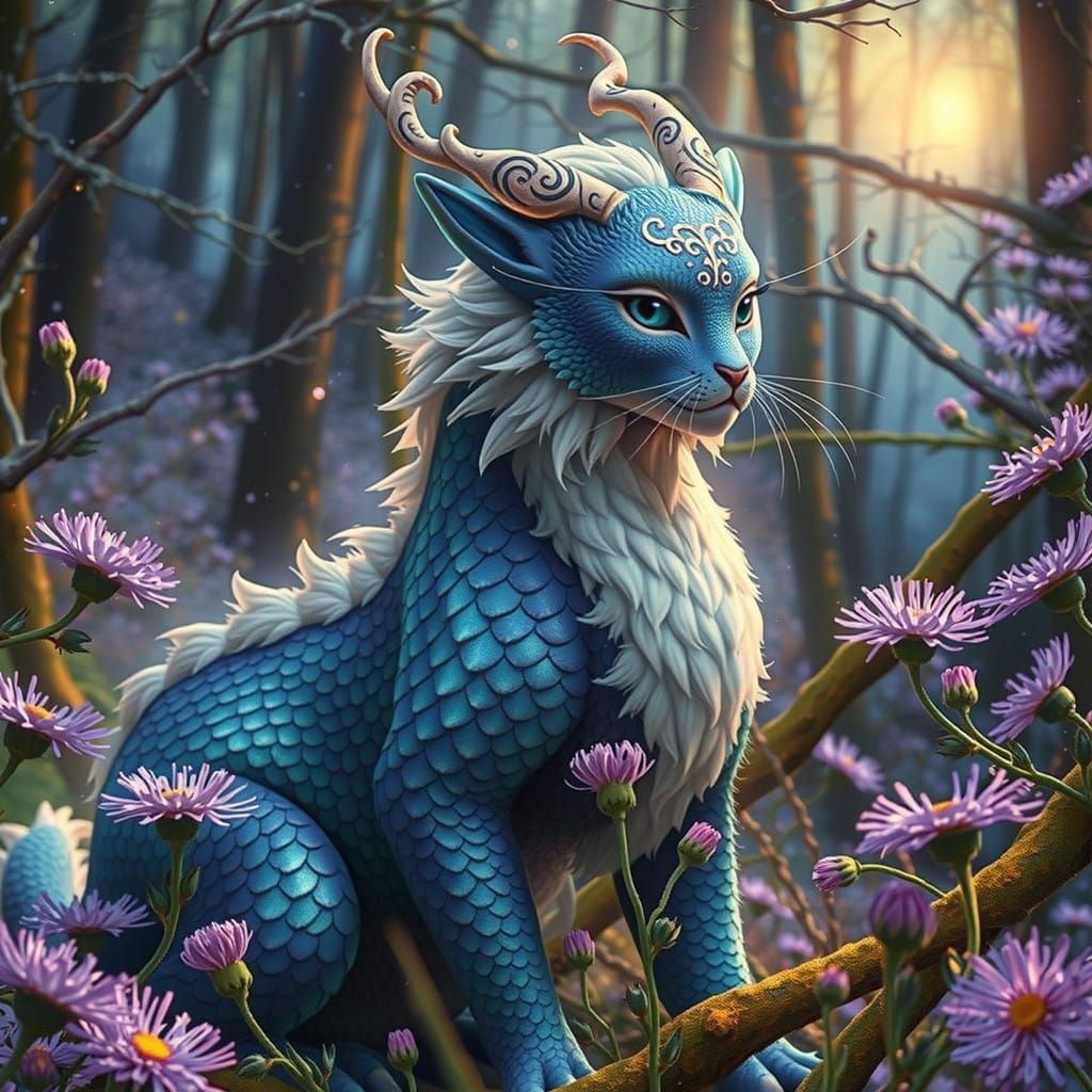 Mystical Dragon-Cat Amidst Winter Aster Blooms