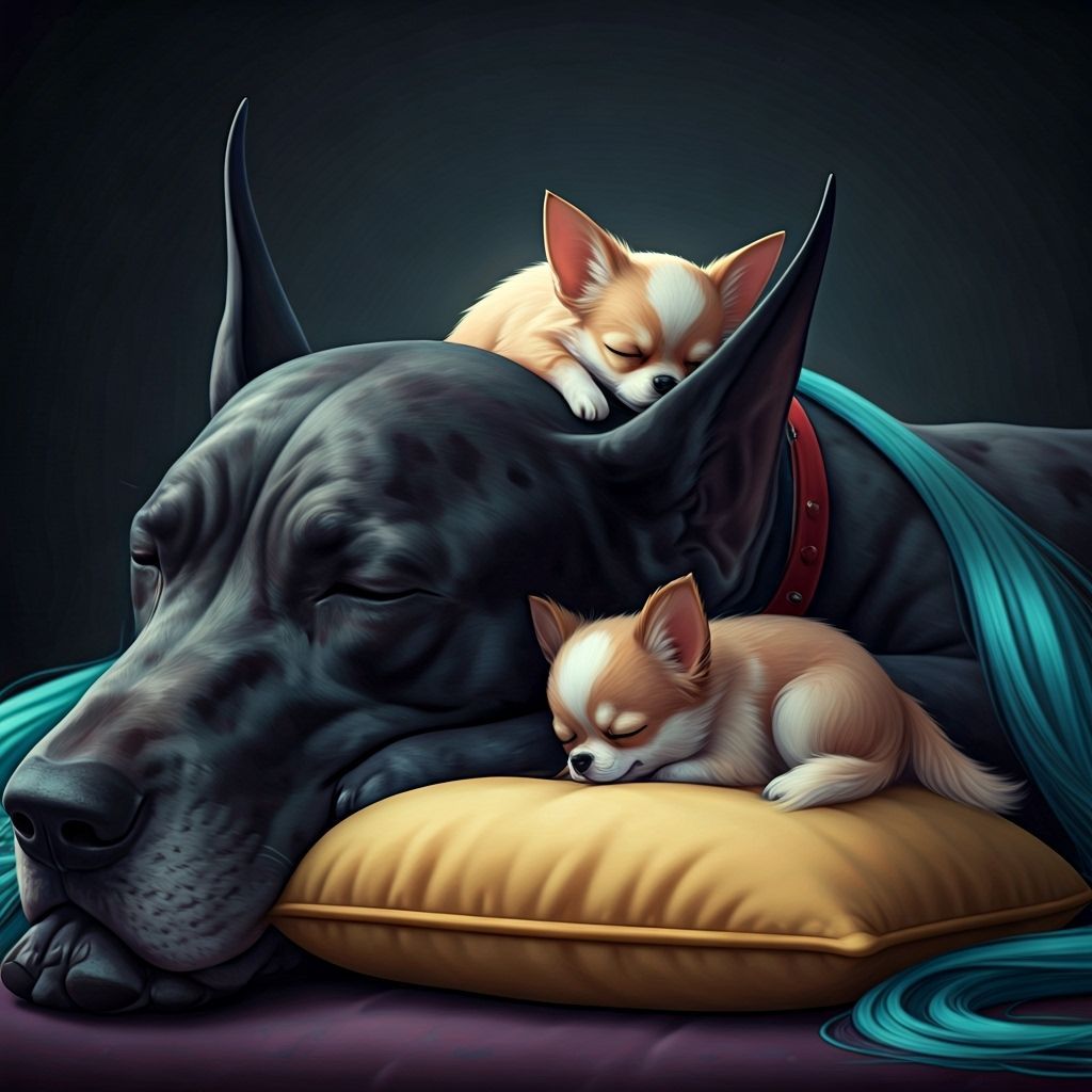 Great Dane & Chihuahua Nap with Anime Figure