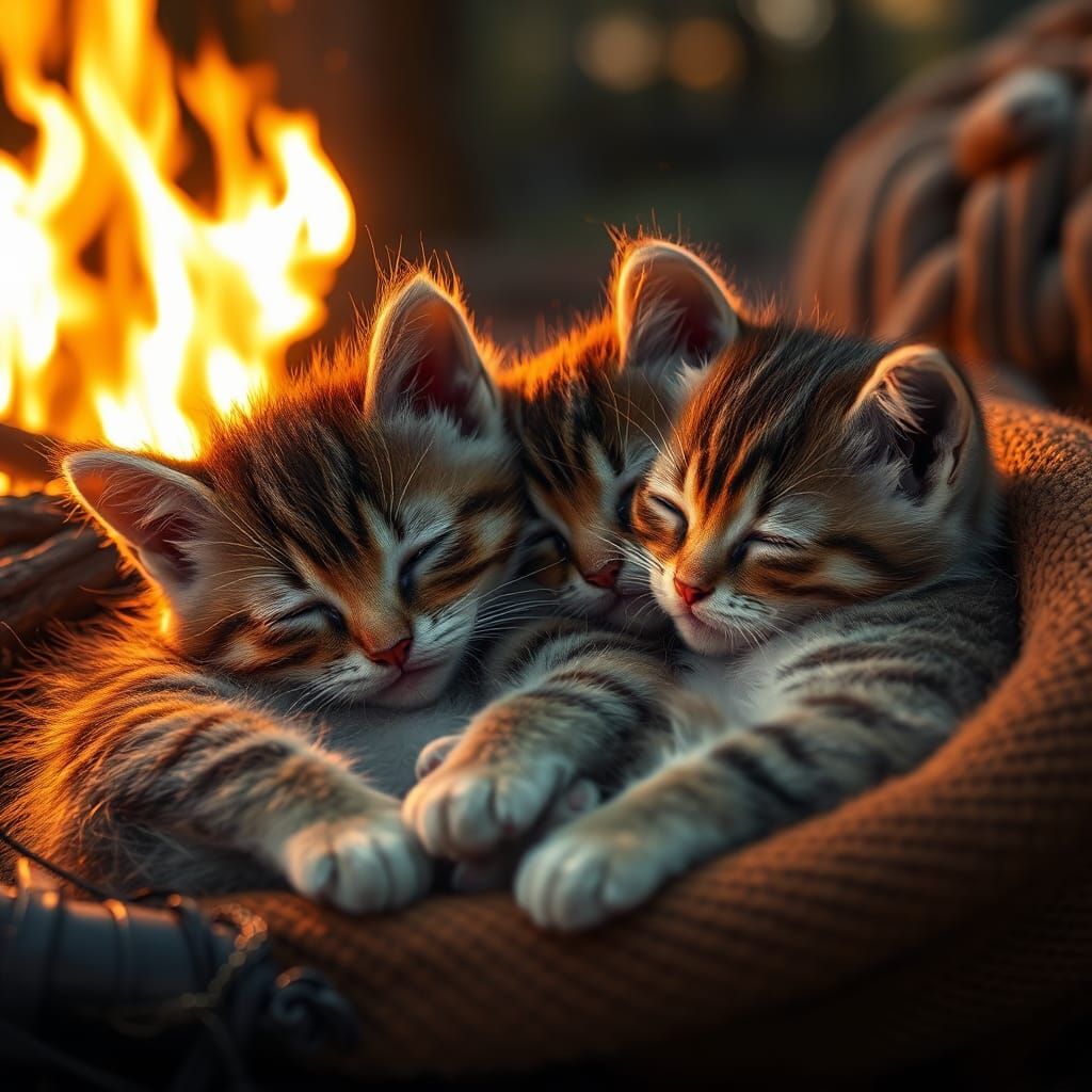 Kittens Sleeping Near Bonfire with Intricate Details