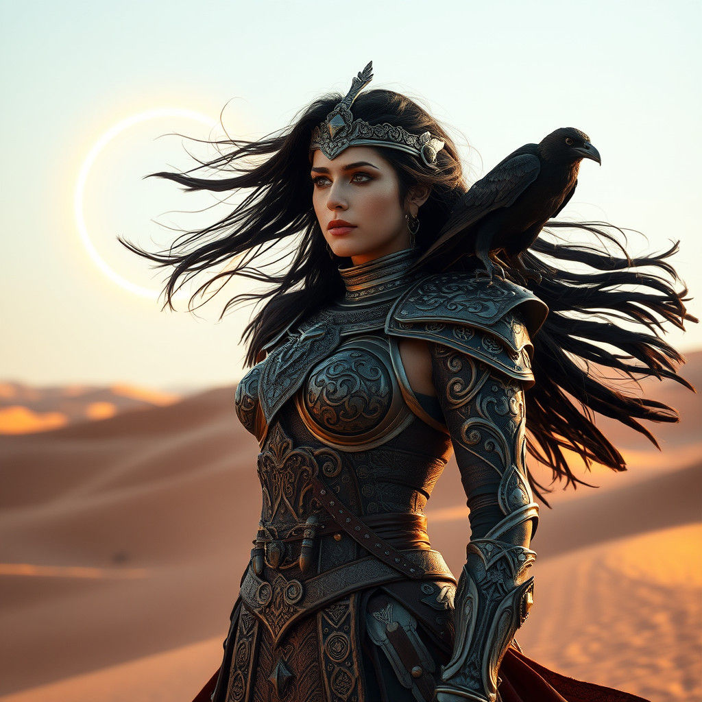 Warrior Princess with Raven in Sci-Fi Desert