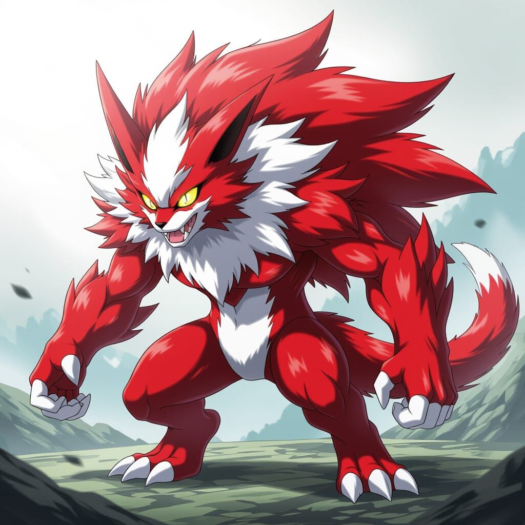 Ferocious Red & White Furry Humanoid Digimon in Anime Style