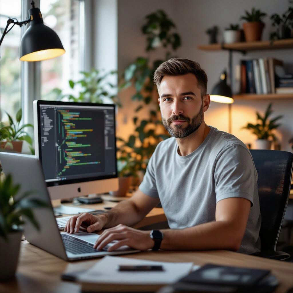 Russian Programmer at Home Office in Warm Natural Light