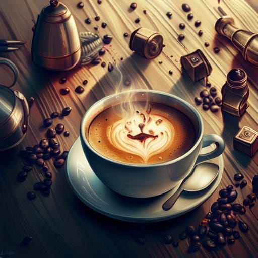 Steamy Coffee Cup: Hyperdetailed Fantasy Art
