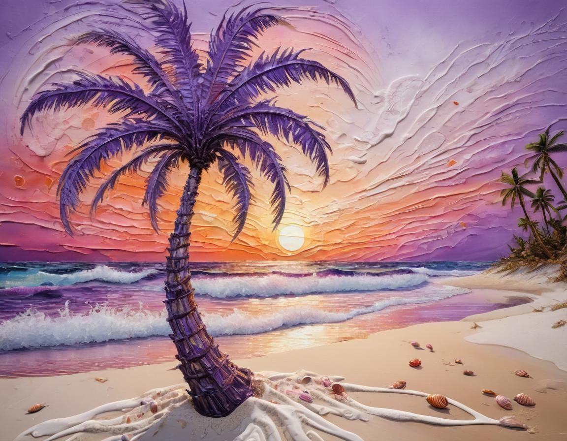 Surreal Palm Tree Sunset: Impasto Oil Painting