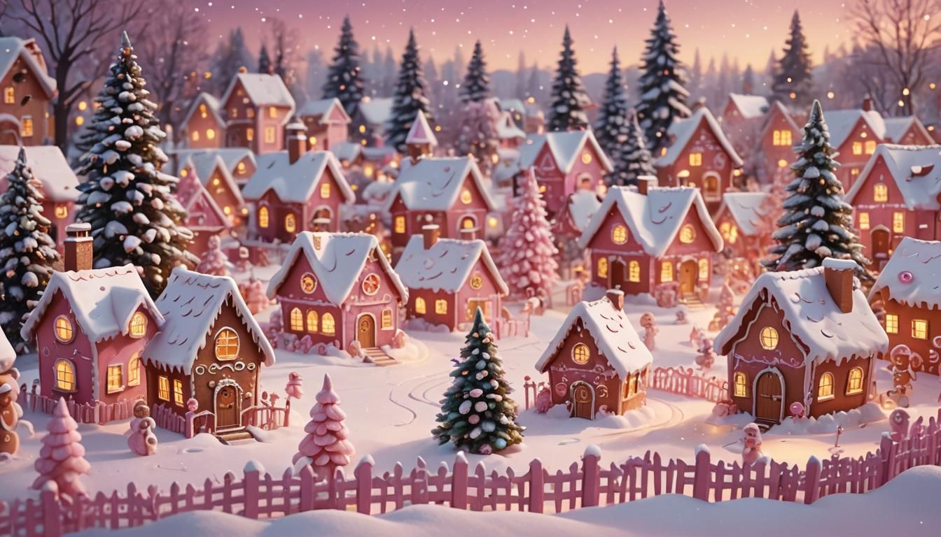 Pink Christmas Village with Snowmen, Digital Illustration