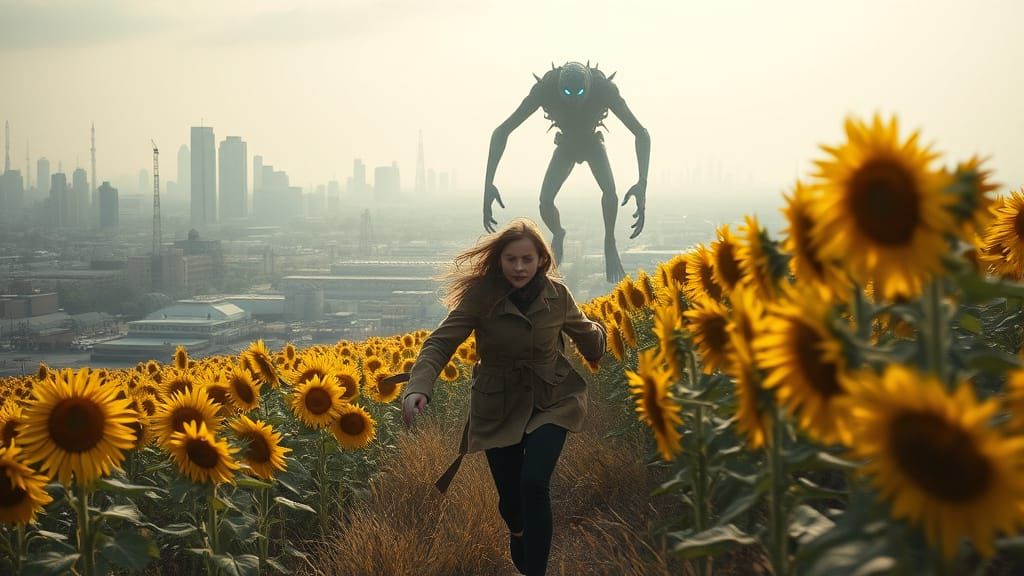 Girl Fleeing Monster Amidst Sunflowers in a Desolate Landsca...