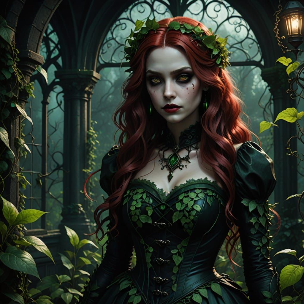 Ethereal Poison Ivy Princess in a Gothic Greenhouse