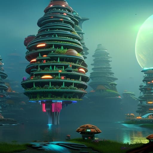 Mushroom City at Night with Neon Signs