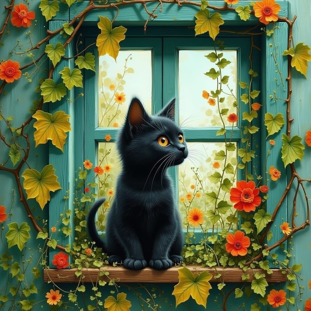 Whimsical Oil Painting of a Kitten Amidst Vibrant Foliage in...