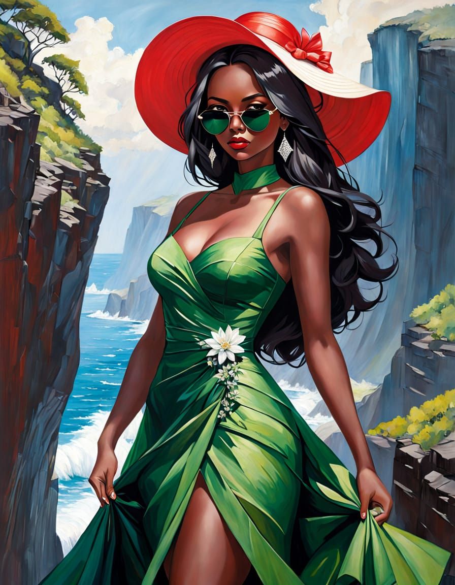 Elegant Woman on Perilous Cliff Edge, in Dramatic Impasto St...