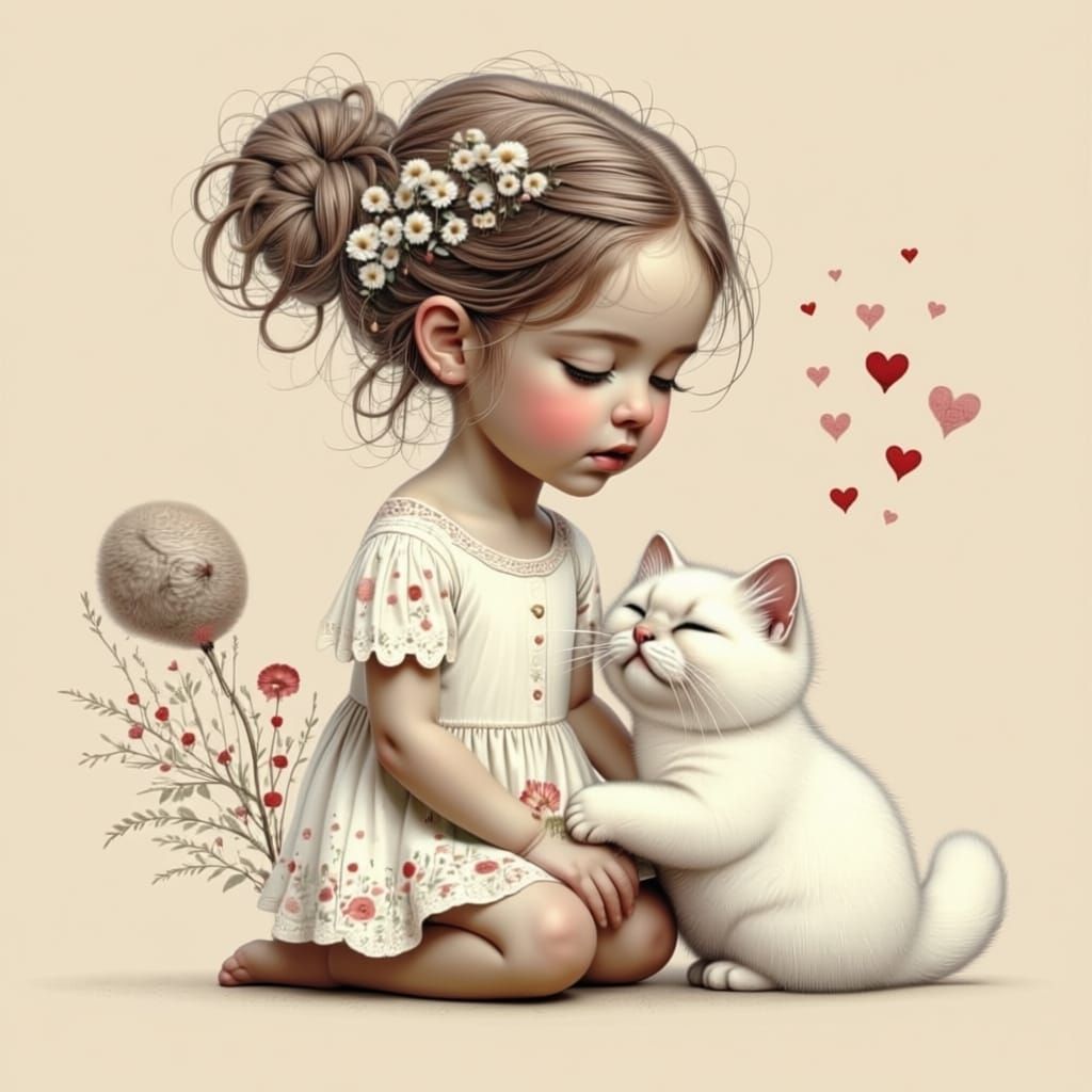 Naive Art Style Girl and Cat with Flowers