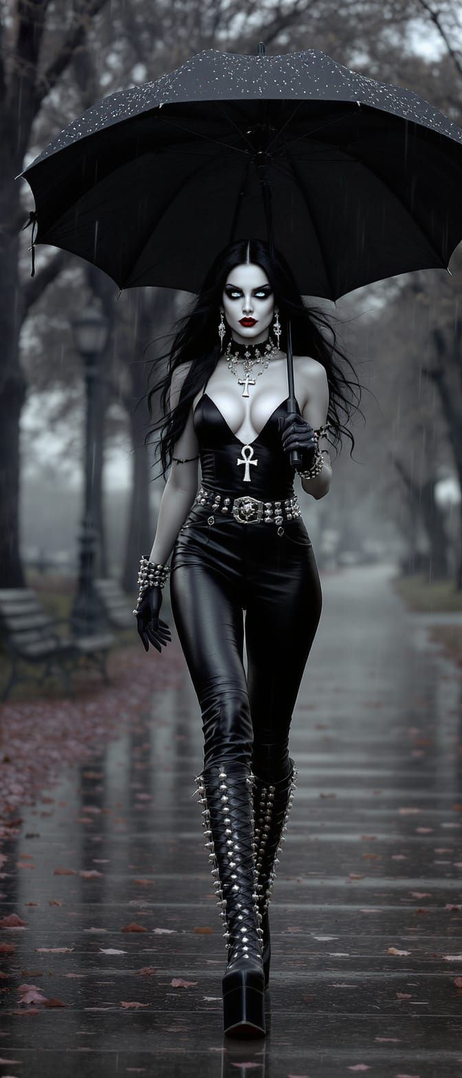 Gothic Goddess in Park Pathway, Hyper-Realistic Cinematic Ma...