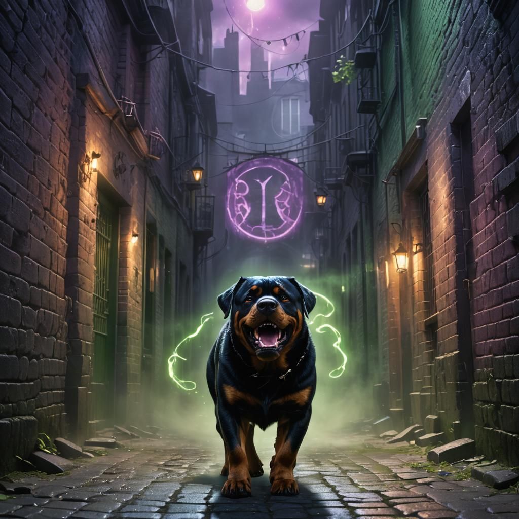 Menacing Rottweiler Growls in Mystical Alleyway