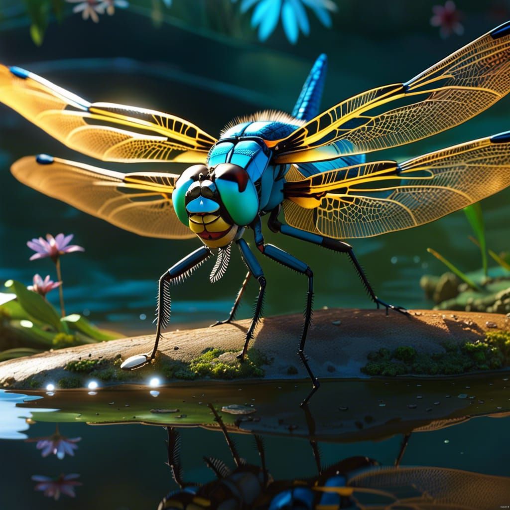 Photorealistic Dragonfly in Pond Setting