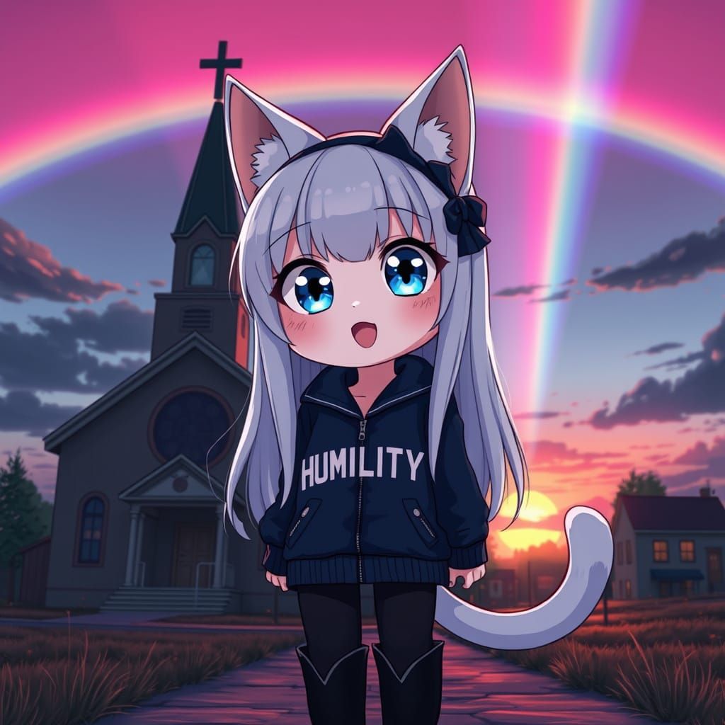 Anime Catgirl Smiles Before Rural Church at Sunset