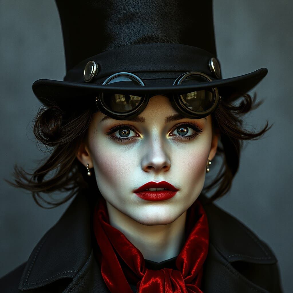 Steampunk Woman Portrait with Red Accents in Dramatic Lighti...