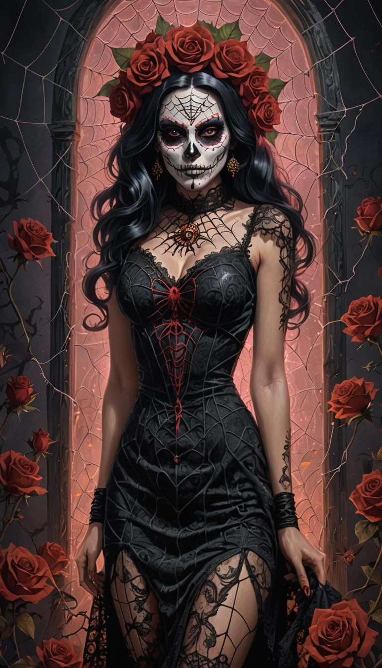 Santa Muerte Pinup with Spiderweb Dress