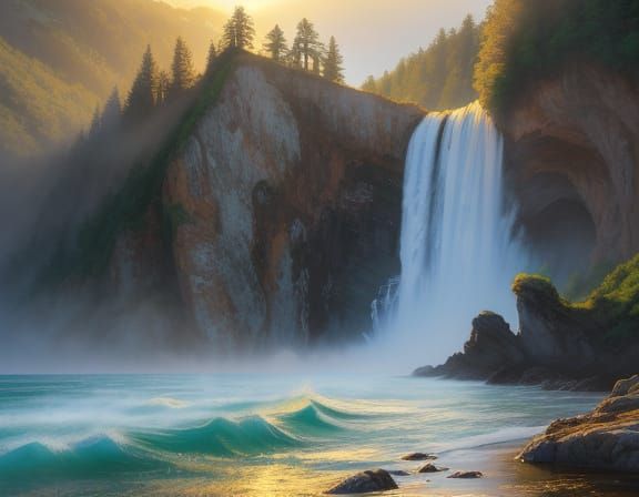 Serene Waterfall Landscape in Vibrant Impressionist Style