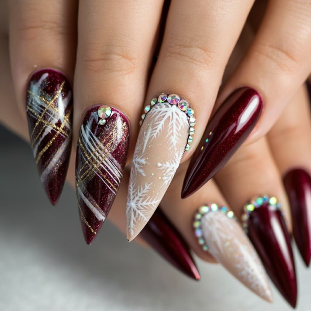 Glamorous Metallic Burgundy Stiletto Nail Art