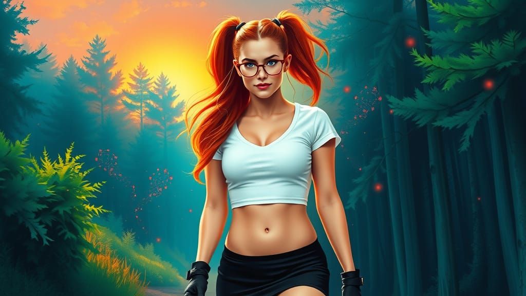 Vibrant Fitness Model in Mystical Forest