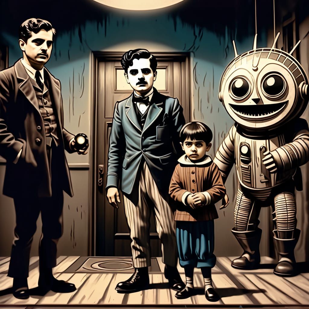 Chaplin Encounters Lilith-Lita in a Haunting Cyberpunk Scene