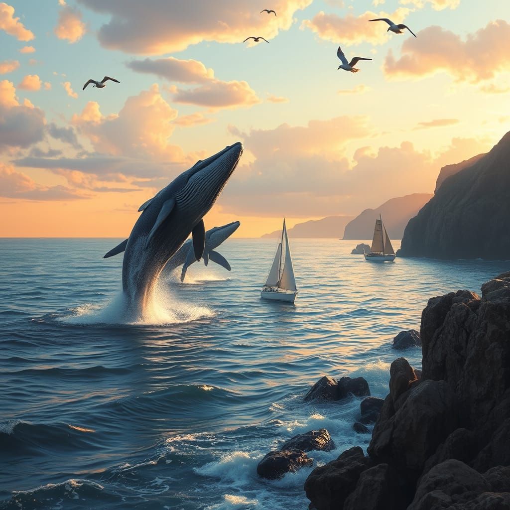 Sailing into Sunset Serenity with Majestic Whales and Soft P...