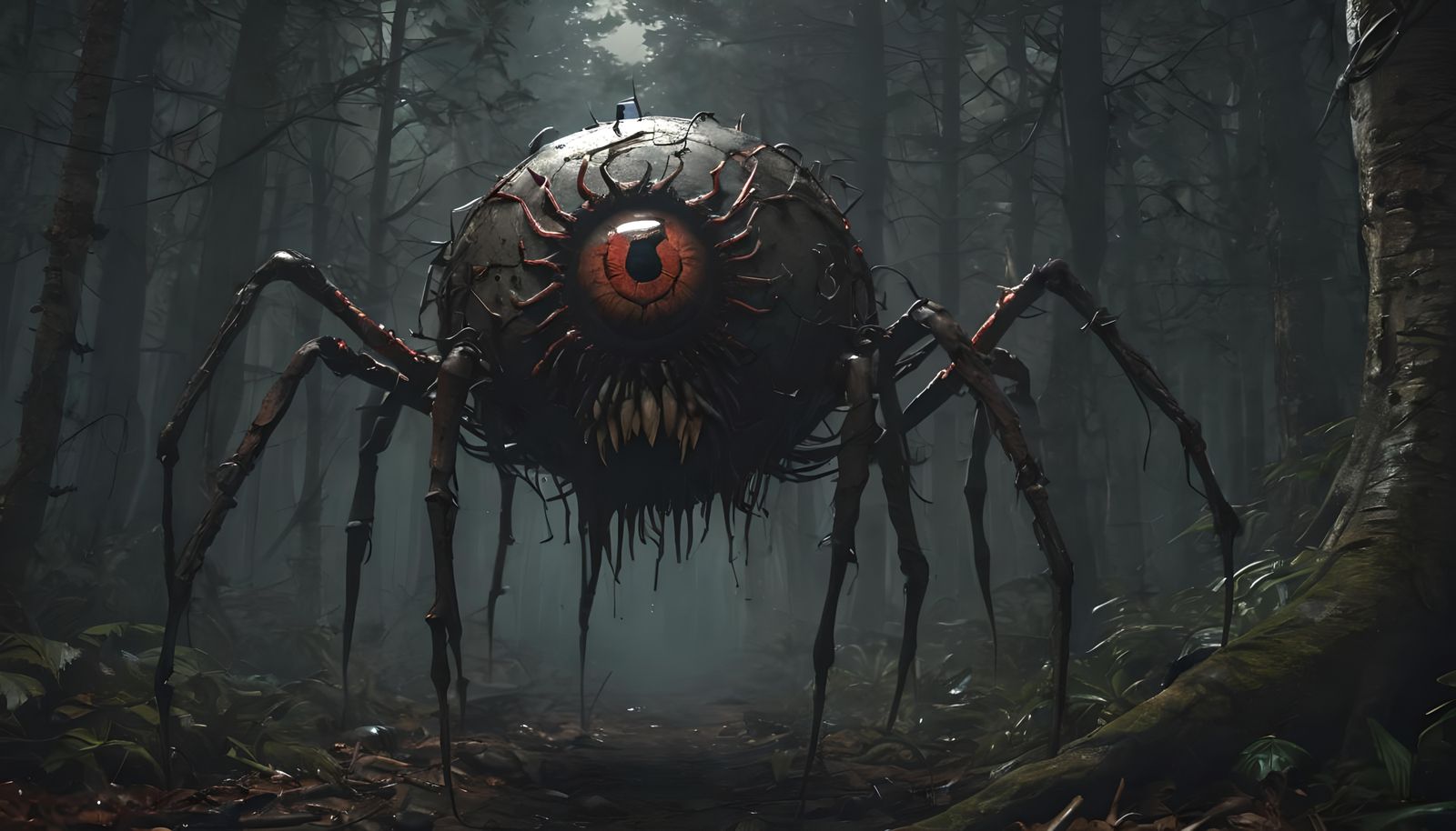 Creepy Eyeball Spider in Dark Forest Horror