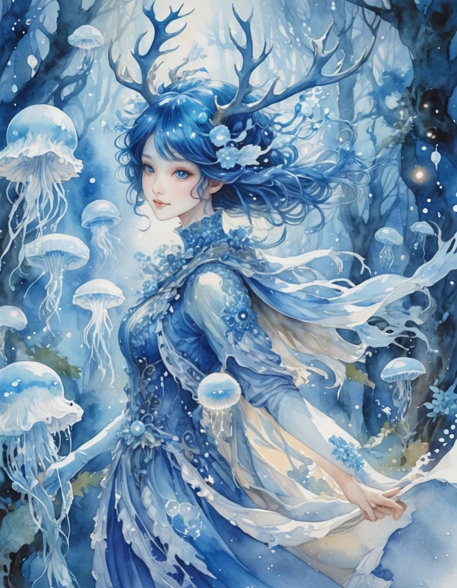 Smiling Monster Lady in Mystical Forest, Watercolor Art