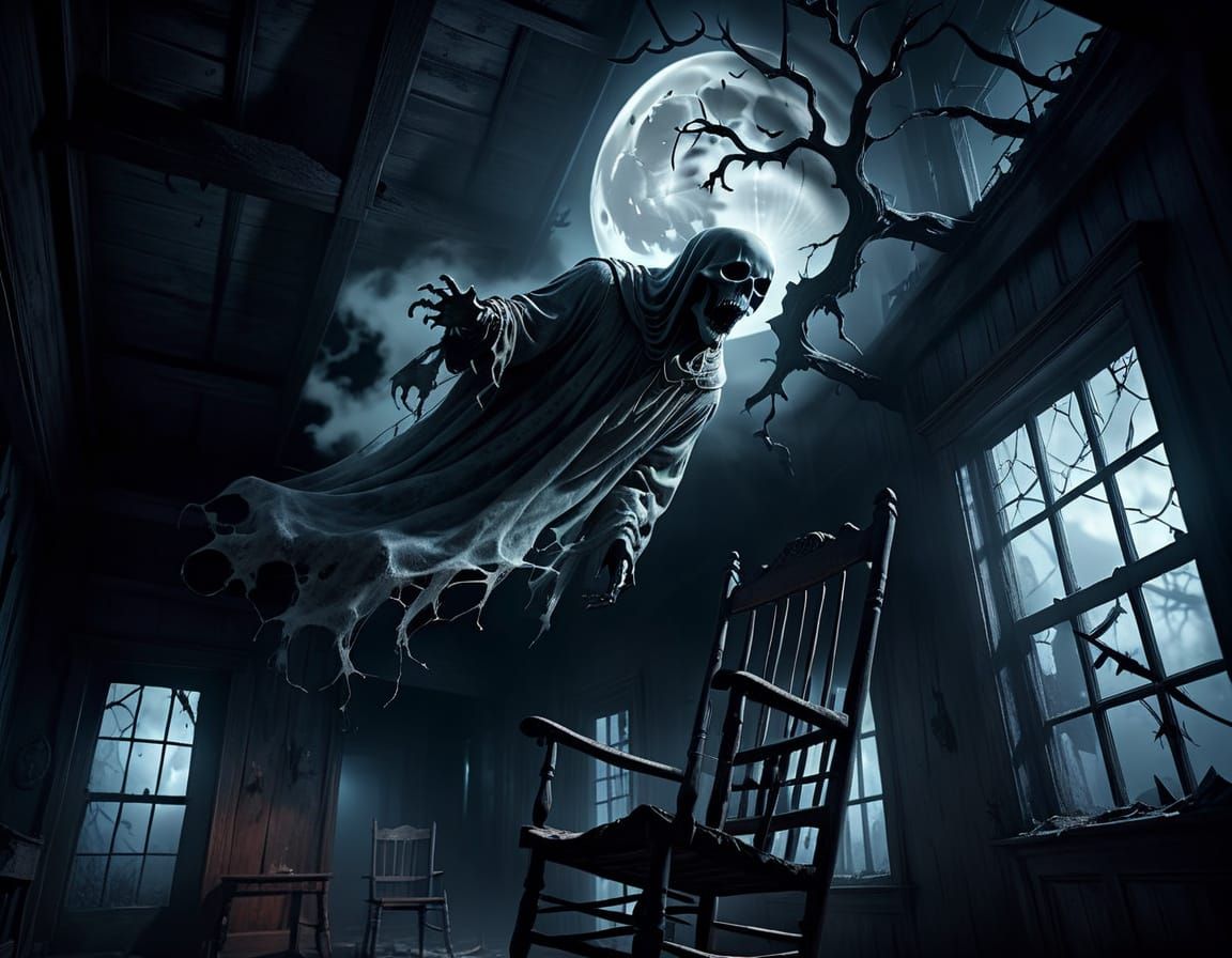 Ethereal Ghostly Figure in Macabre Gothic Horror Scene