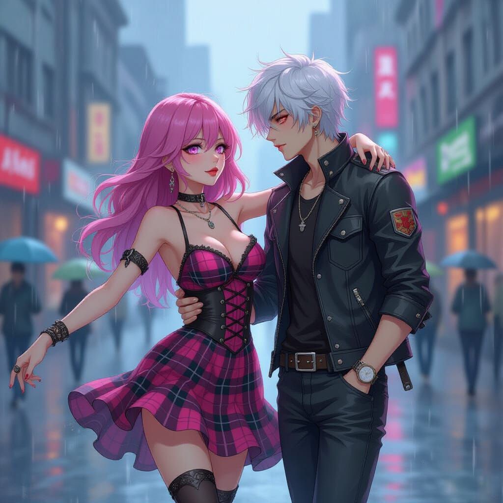 Pink-Haired Woman Dances in Rainy City, Watercolor Style