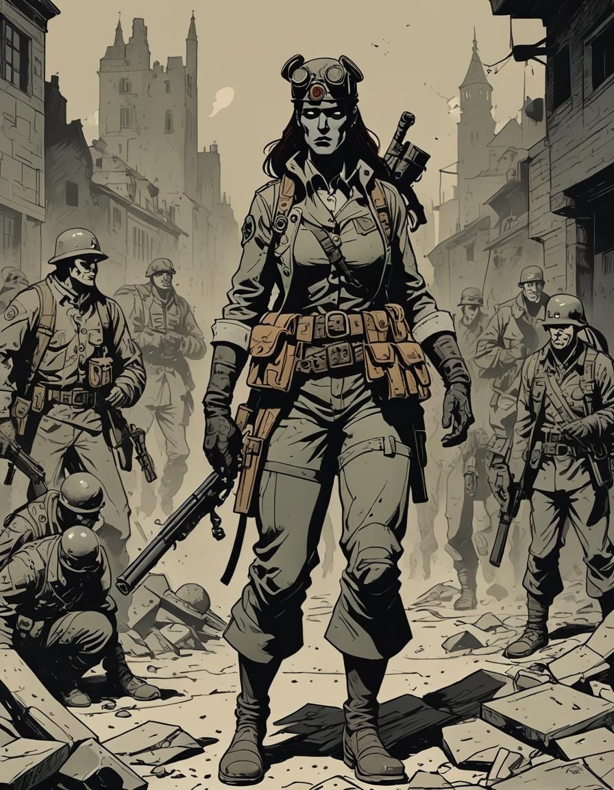 Female Hellboy Fighting Nazis in Mignola Comic Style