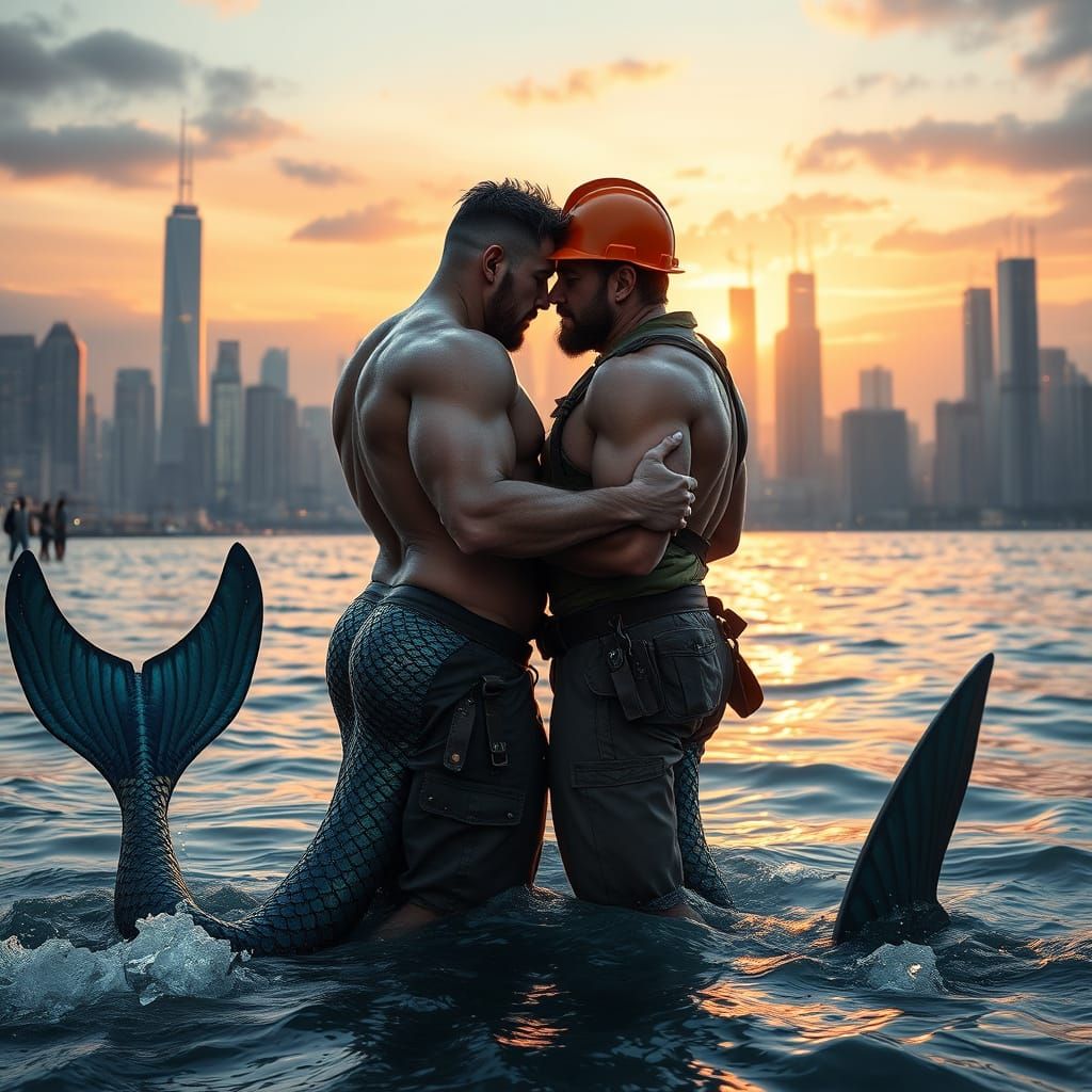 Mermen's Sunset Transformation: A Digital Painting