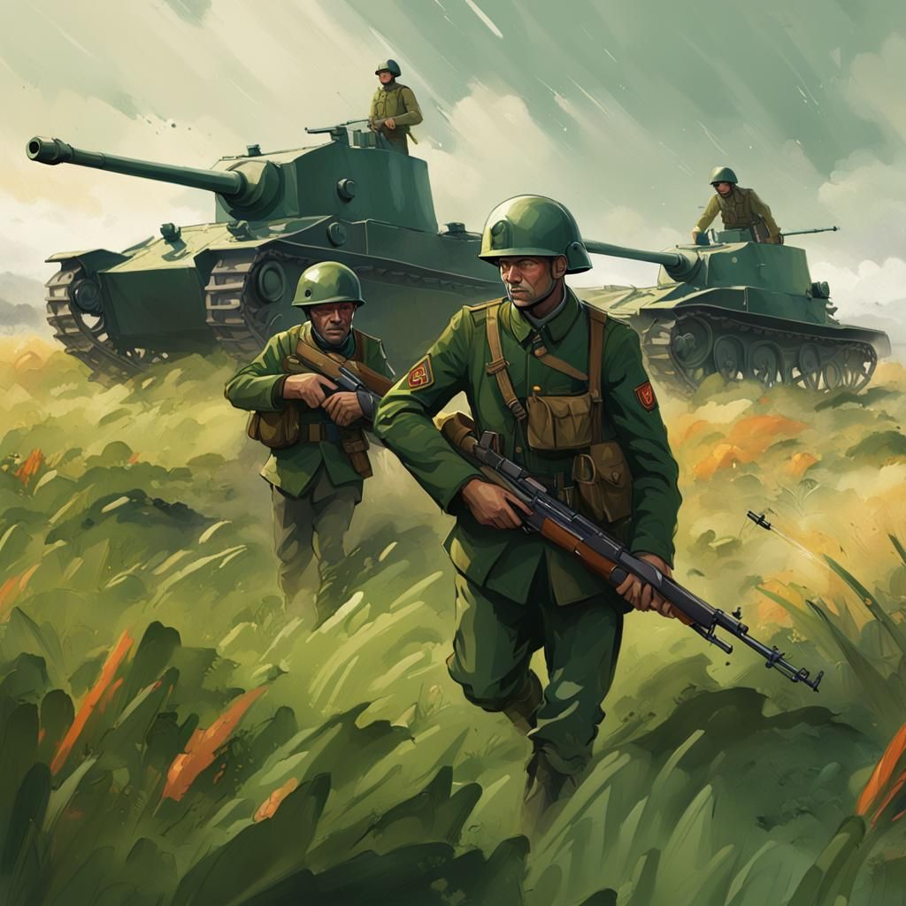 WWI Soldiers Marching in Field: Detailed Concept Art