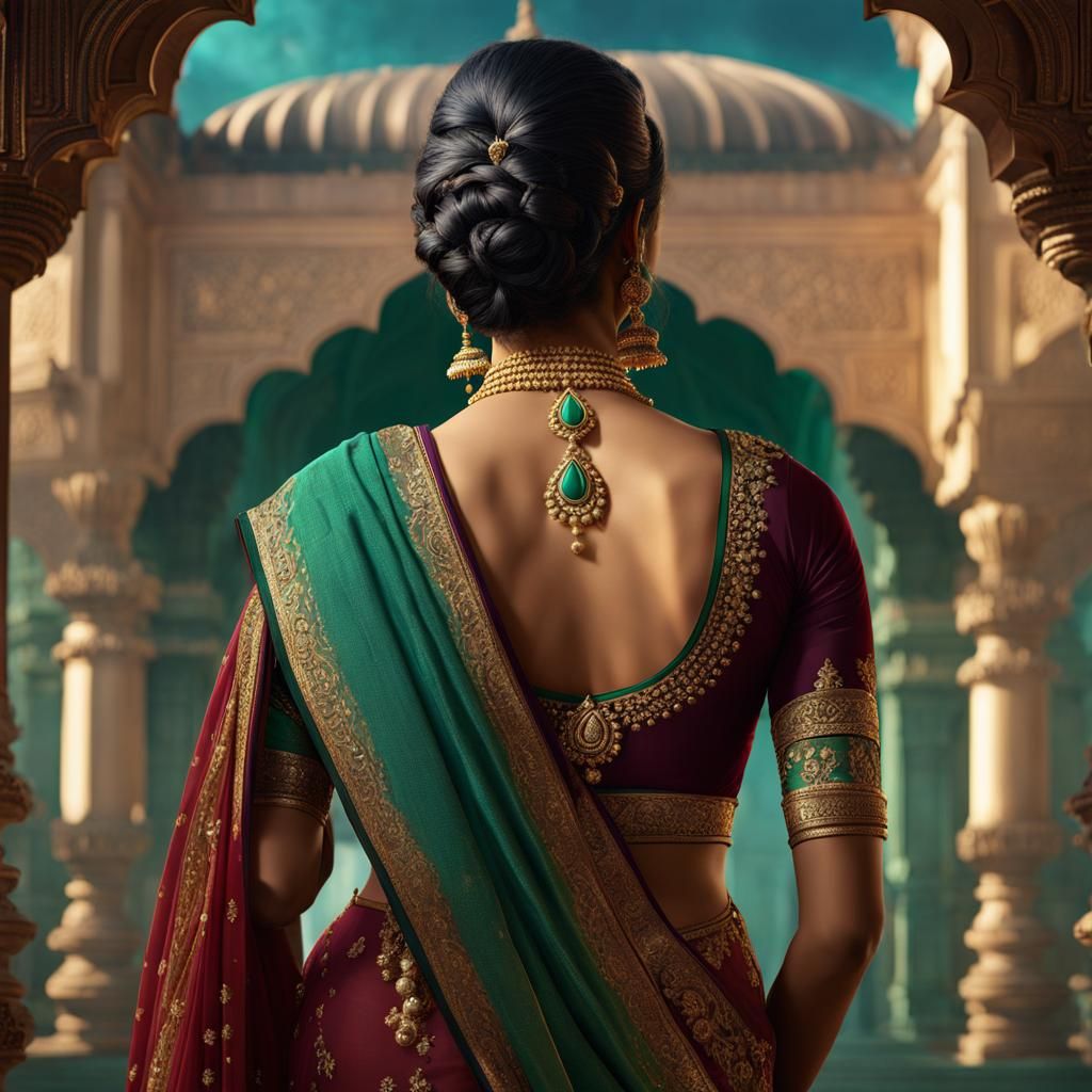 Indian Woman in Saree Entering Palace, Detailed Art