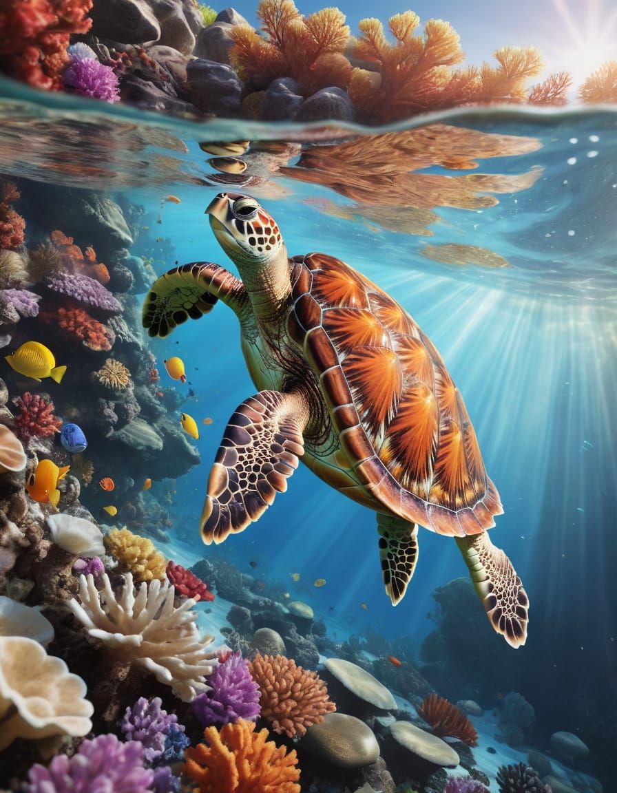 Serene Sea Turtle Gliding Through Coral Reef