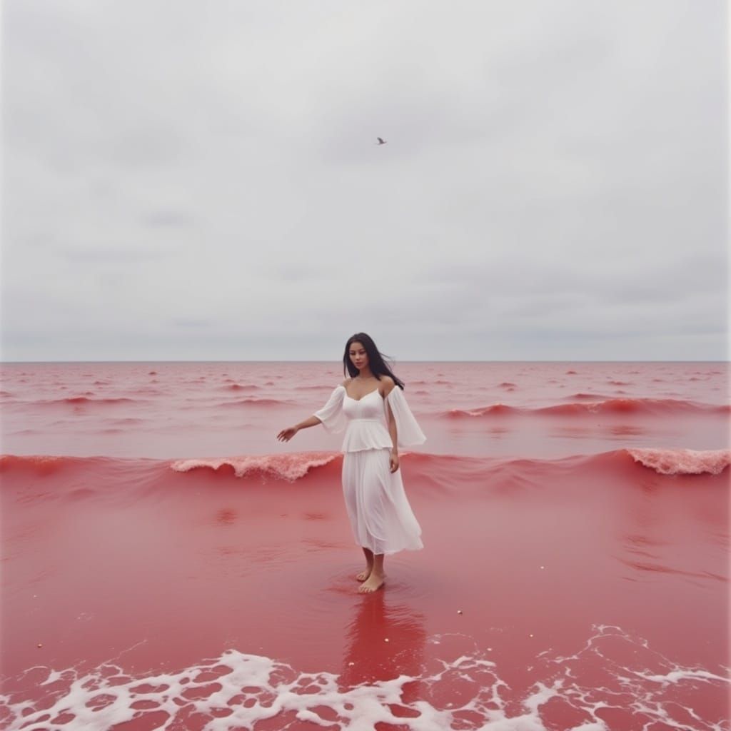 Surreal Red Sea Under Grey Sky, Carnival Clowns