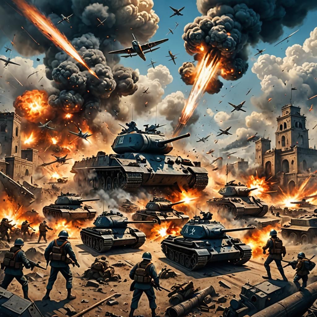WWII Battle Scene: Intense Aerial and Ground Combat