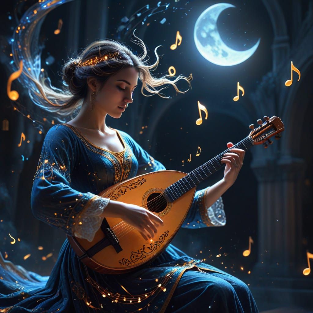 Lute Player Soars Releasing Luminous Musical Notes