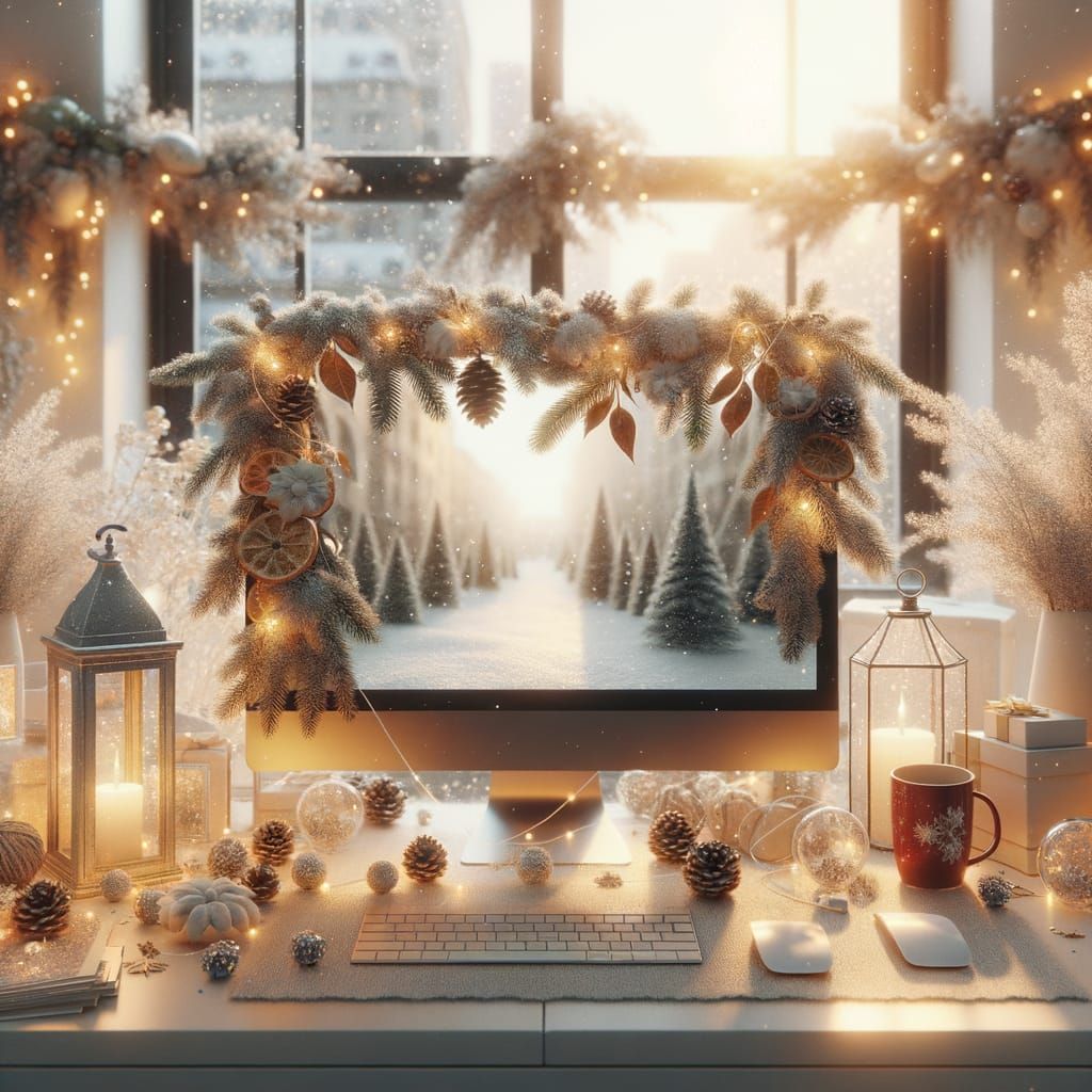 Dreamy Minimalist Christmas Desk with Snowy View