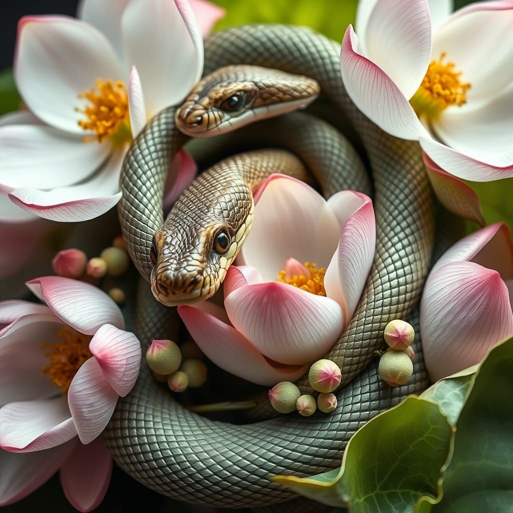 Elegant Modern Art Snake and Lotus in Bloom