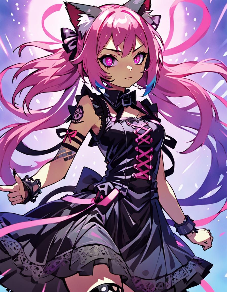 Anime style punk pink catgirl in a gothic dress