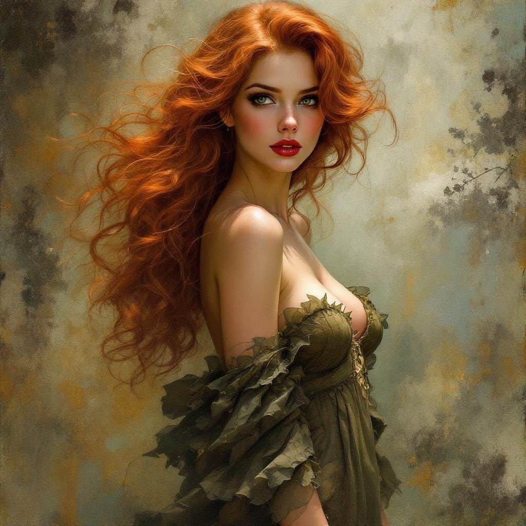 Redhead Pin-Up in Alphonse Mucha and Waterhouse Style