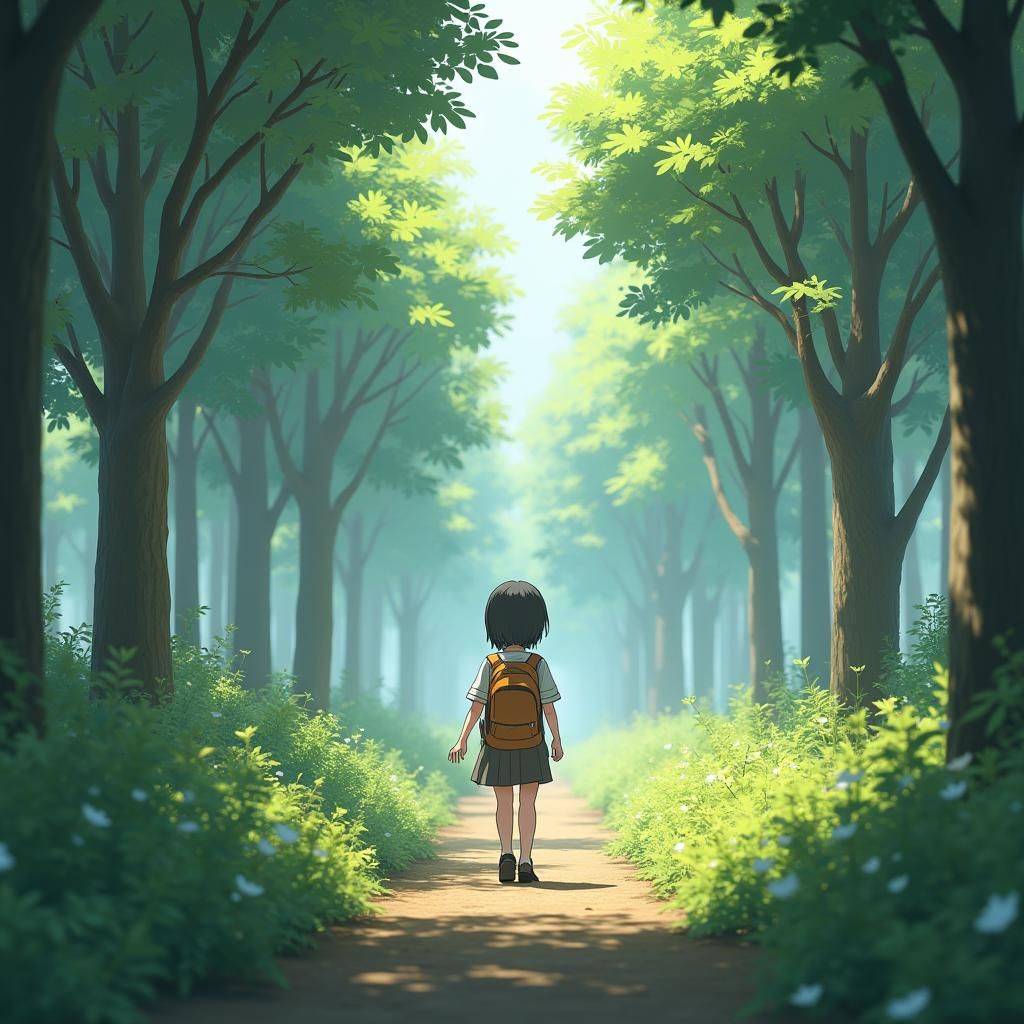 Student Contemplating Nature in 3D Anime Style