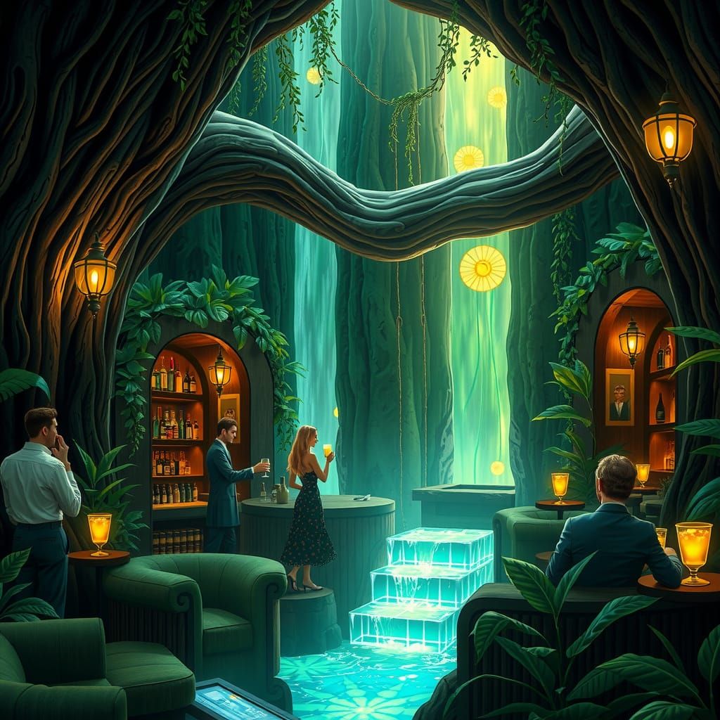 Sequoia Speakeasy Behind Iridescent Waterfall in Art Nouveau...